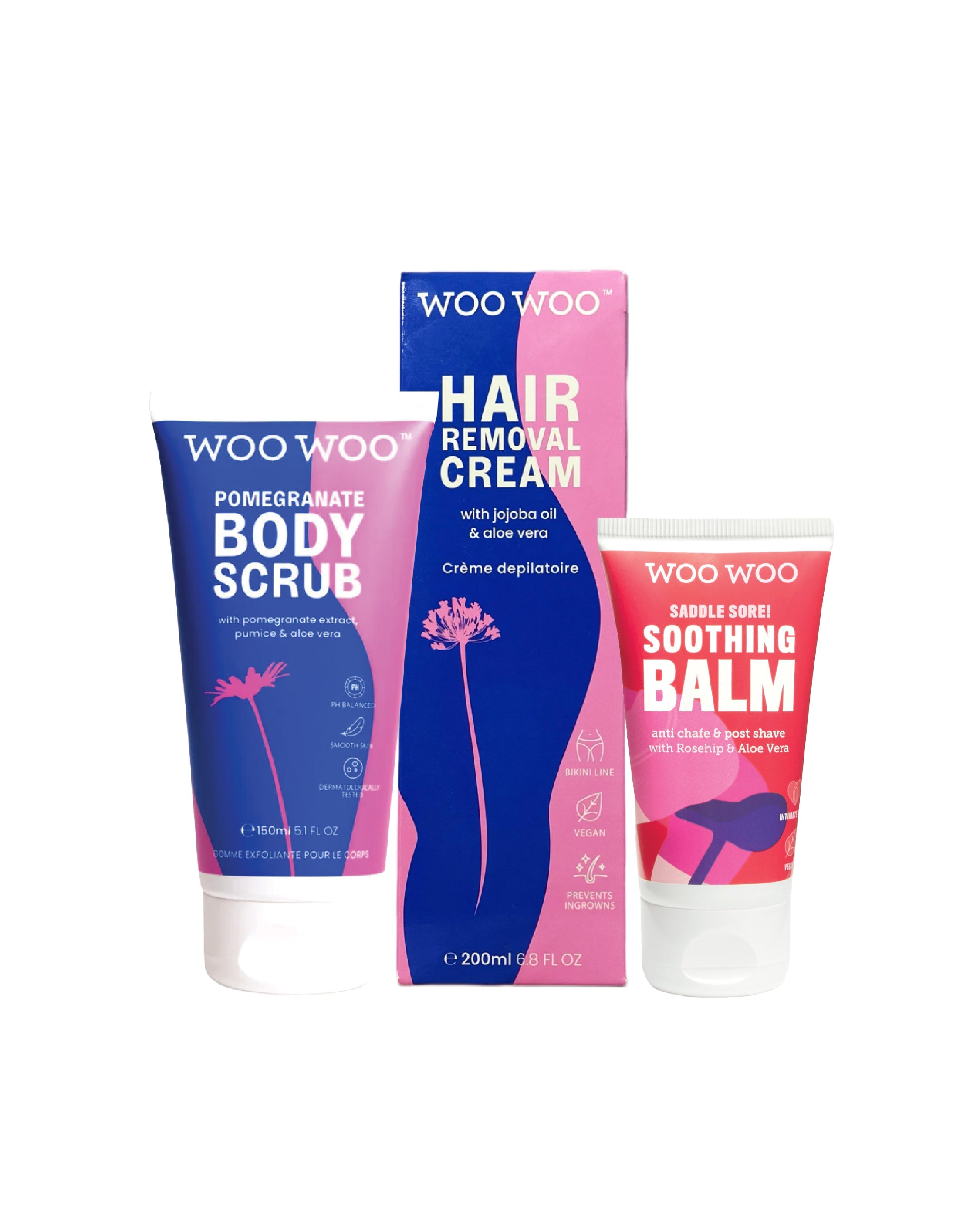 Packaging and two tubes of body scrub and sooting balm on white background