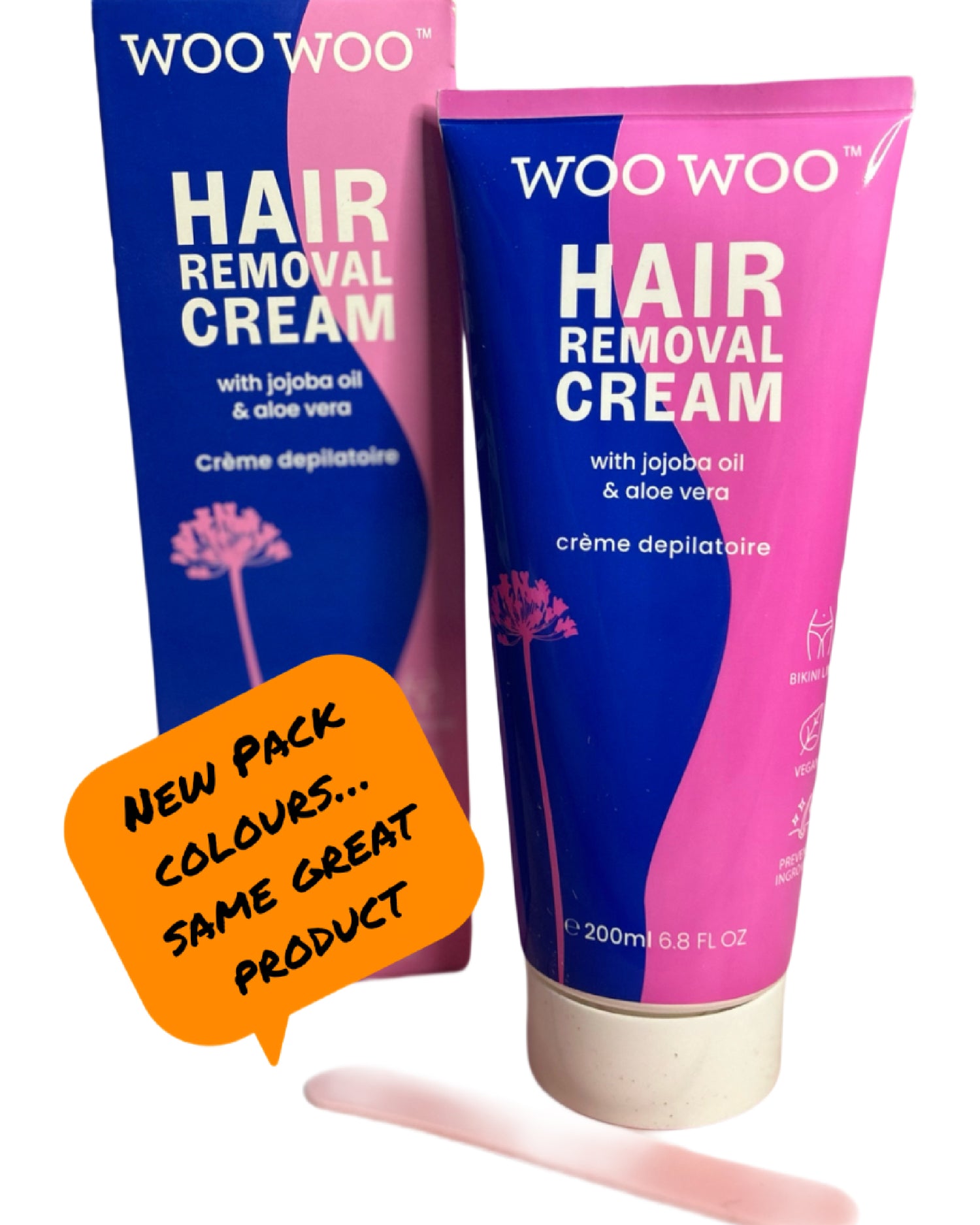 Woo Woo hair removal cream packaging with a new color variation on a white background