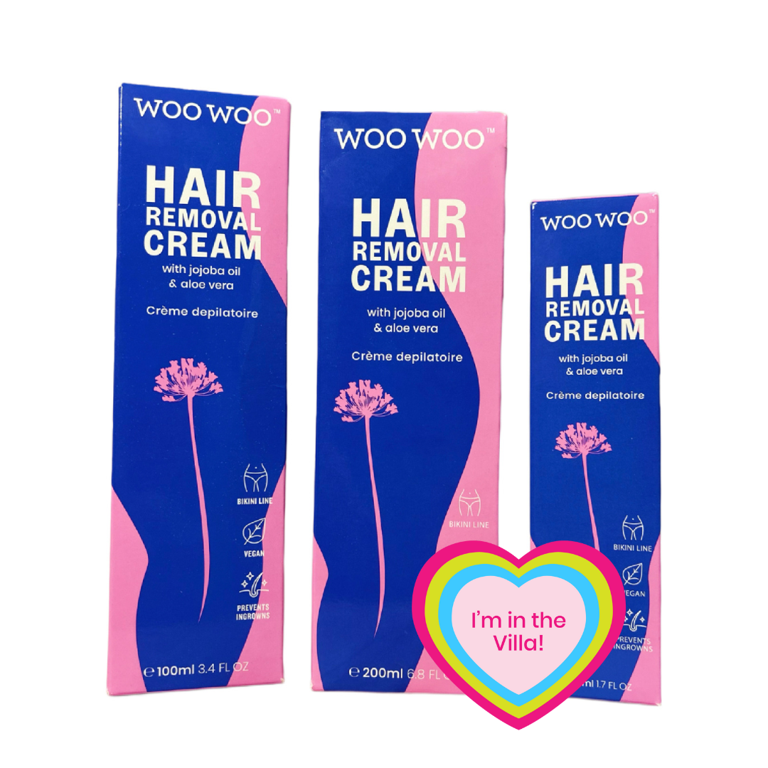 Three packages of Woo Woo hair removal cream on a white background
