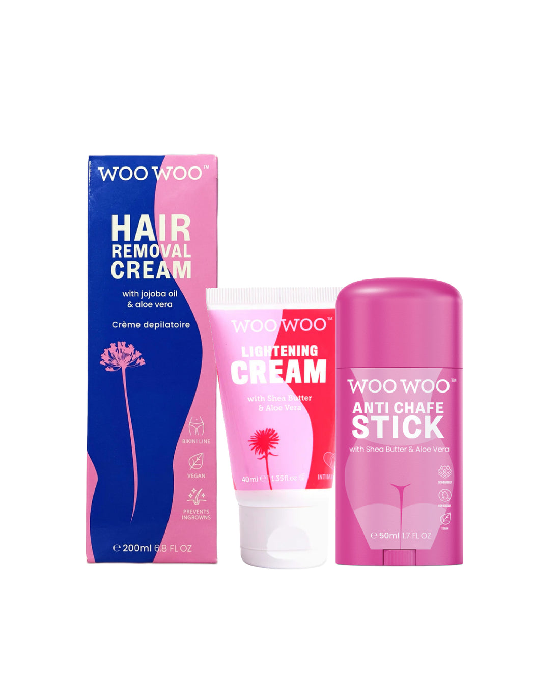 Woo Woo hair removal products including cream, stick, and lightening cream on a white background